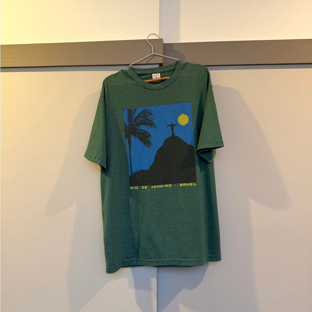 Rio de Janeiro Brazil Graphic Tee Green Palm Tree Shirt Size M/L